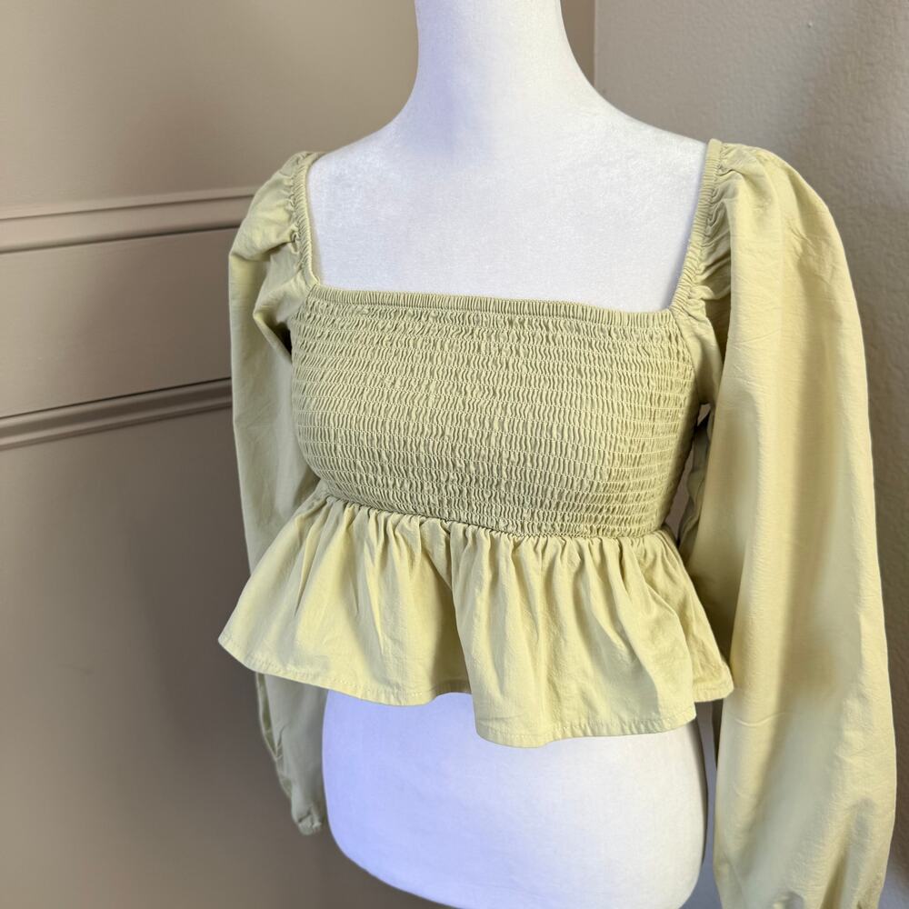 Pacsun LA Hearts Green Smocked Puff Sleeve Peplum Crop Top S - Picture 2 of 5